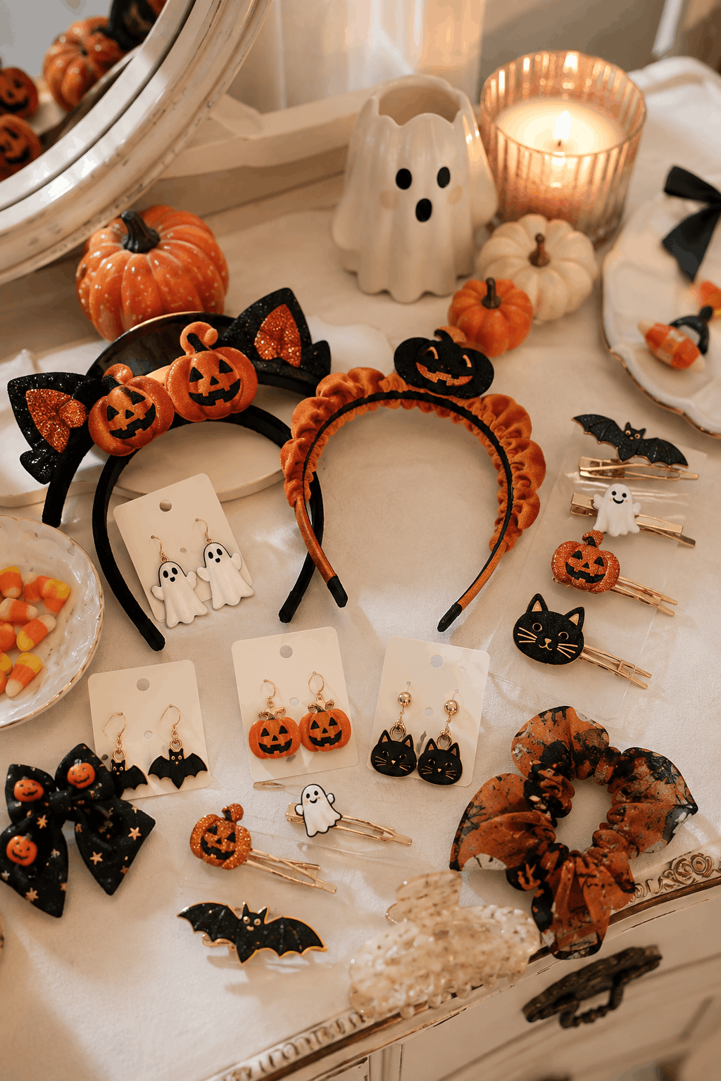 Halloween-Accessoires: Haarreifen mit Kürbis-Ohren, Ohrringe und Haarspangen mit Fledermaus- und Katzen-Motiv