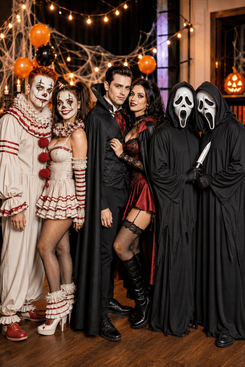 Drei Paare in aufeinander abgestimmten Halloween-Kostümen: Clowns, Vampire und Horror-Masken