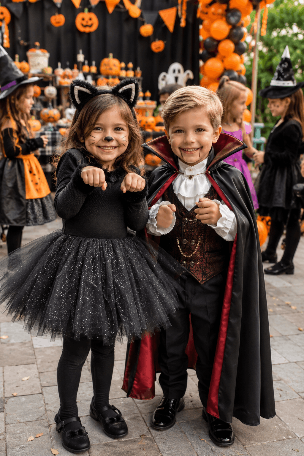 Zwei Kinder in Katzen- und Vampir-Kostüm bei einer Halloween-Feier