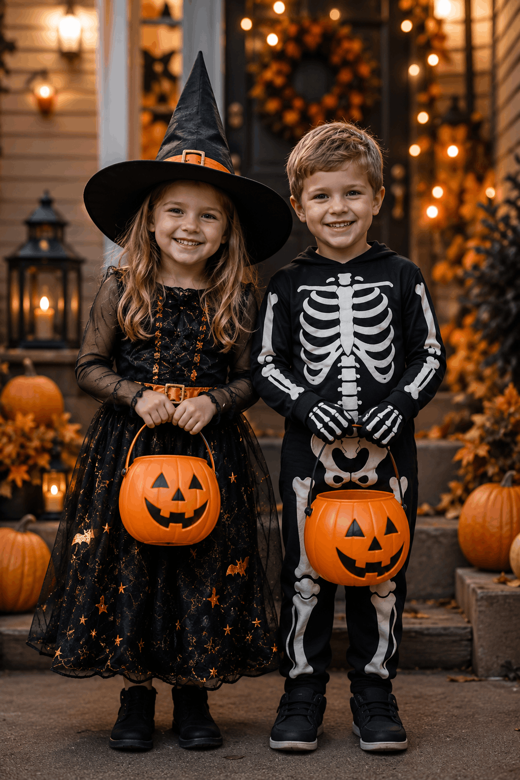 Zwei Kinder in Hexen- und Skelett-Kostüm beim Trick-or-Treaten mit Kürbis-Körbchen