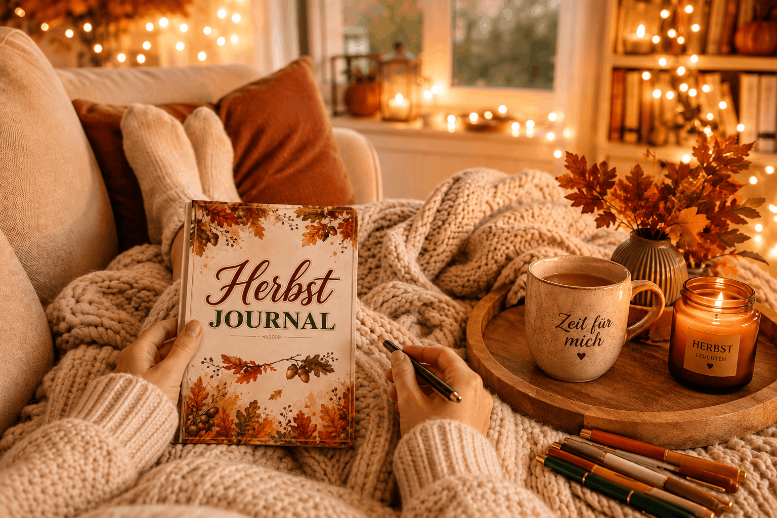 Aufgeschlagenes Journal mit Stift und herbstlicher Deko – Schreiben für gute und schlechte Tage
