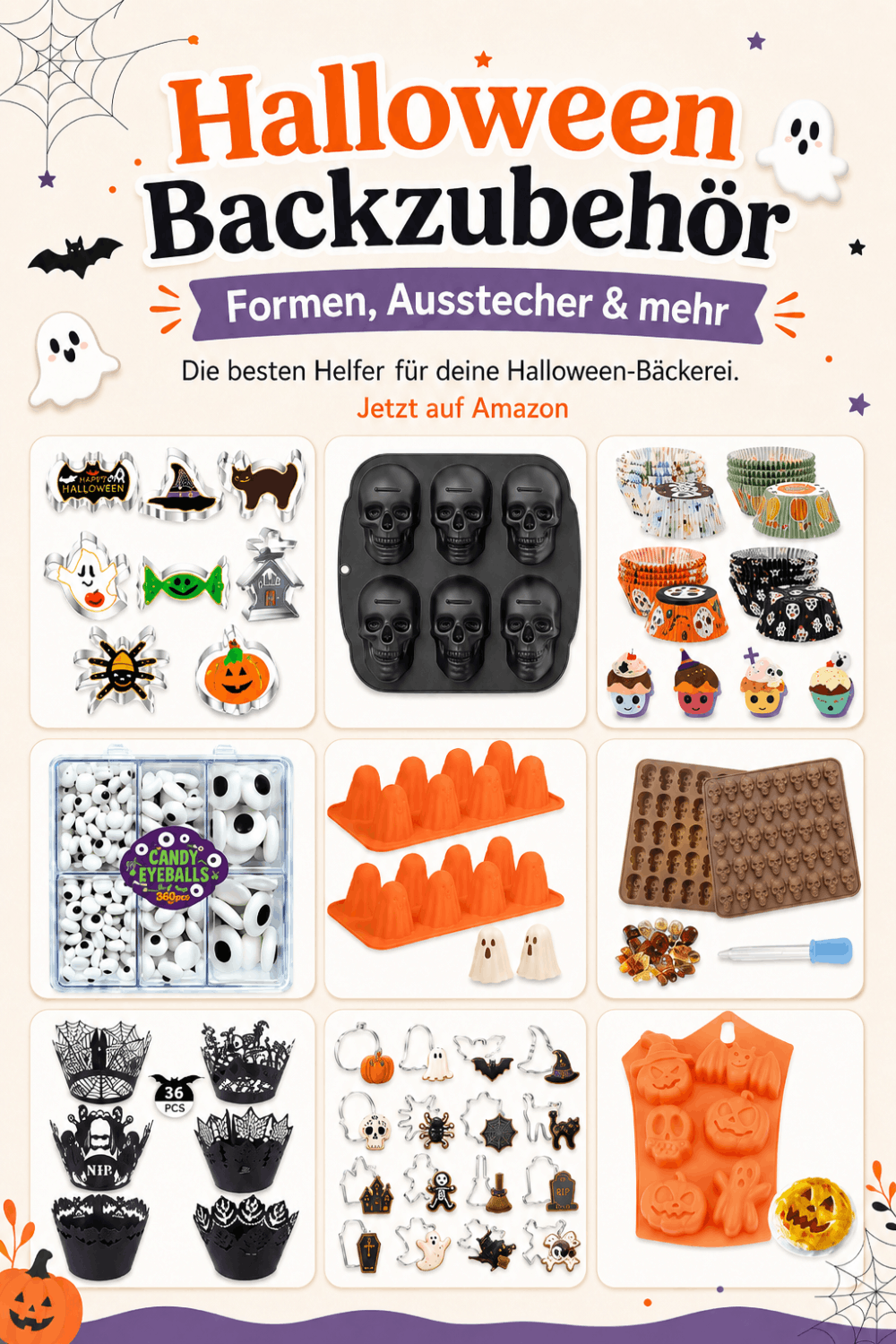 Halloween-Backzubehör mit gruseligen Keksausstechern, Silikonformen und Zuckeraugen